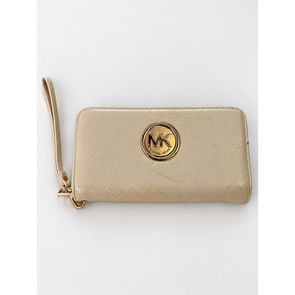 Michael Kors Jet Set Double Zip Wristlet Wallet Cream Gold Logo Phone Clutch